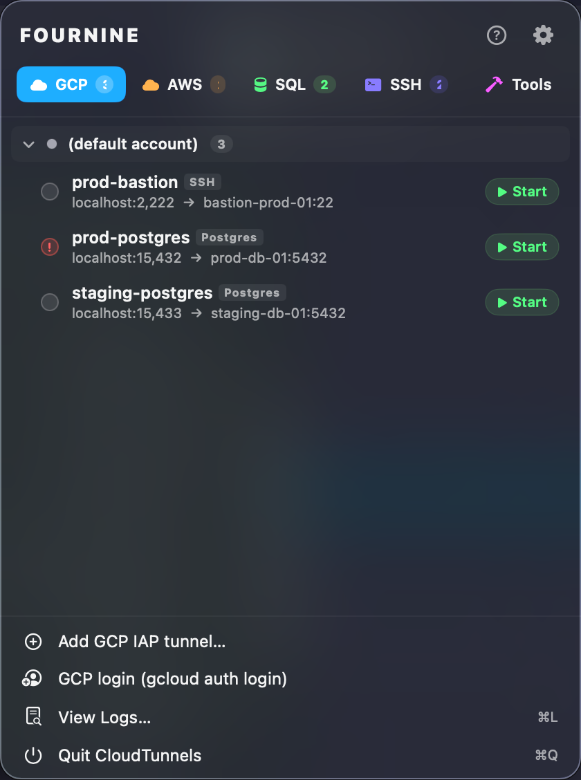CloudTunnels GCP IAP tab in macOS menu bar