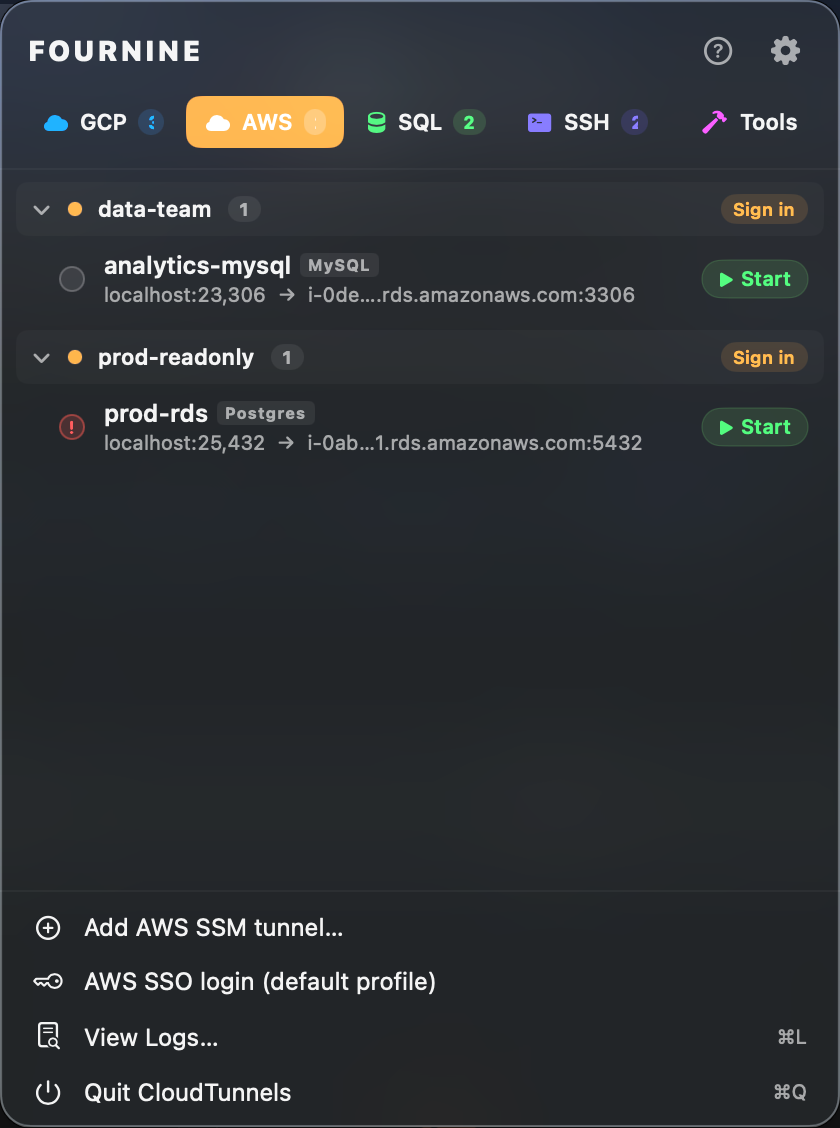 AWS SSM tunnel panel