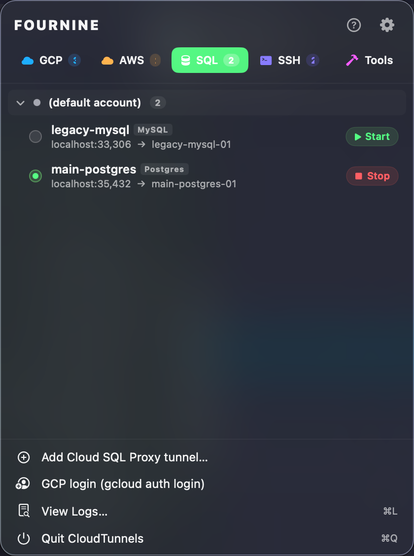 Cloud SQL Proxy tunnel panel
